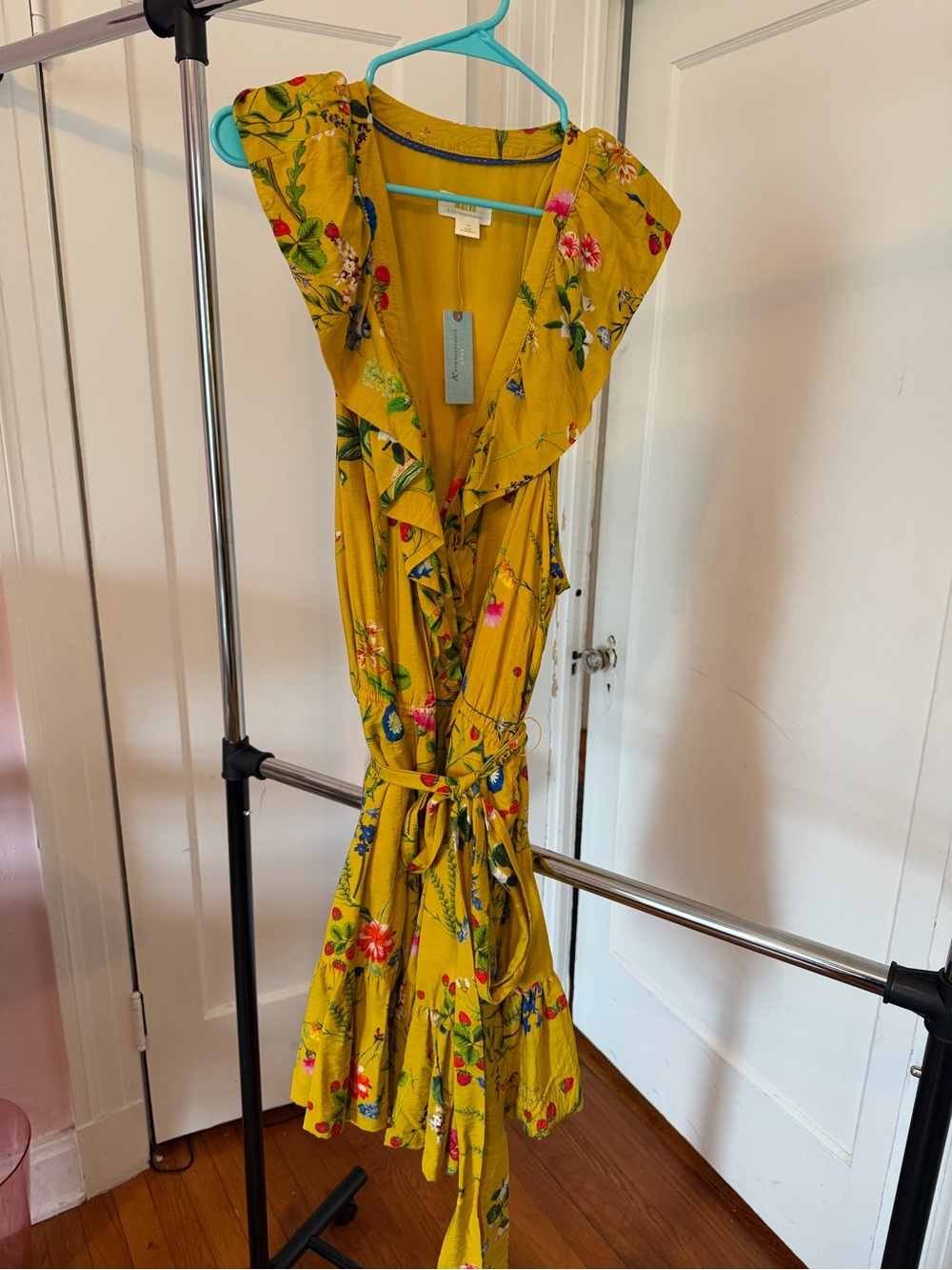 Anthropologie ( Maeve) Yellow Floral Ruffle Wrap Mini Dress